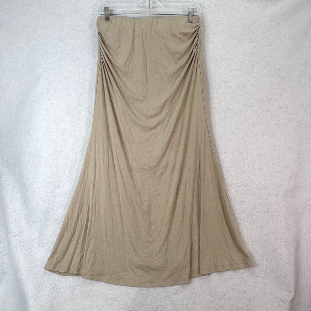 OGL Move Ruched Side Maxi Flare Skirt Tan Womens L Minimalist Boho Capsule Chic
